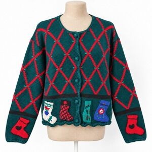 Vintage 90s Christmas Stocking Button Cardigan Size M Green Red Novelty Teacher